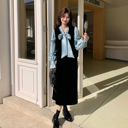 2点セット！【セットアップ】フレンチレトロ リボンブラウス＆スカート 上下セット 2026春新作 上品 レディース【JZシリーズ】