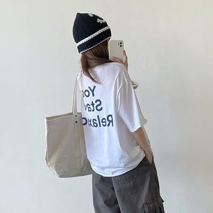 【トップス】ロゴプリント半袖Tシャツ レディース オーバーサイズ 裾フリンジ クルーネック リラックス【FCシリーズ】