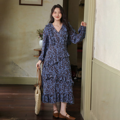 【ワンピース】2025秋新作 Vネック花柄 長袖ワンピース 体型カバー ゆったり細見え【SHシリーズ】
