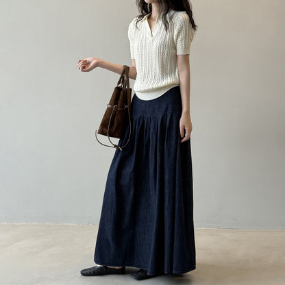 【トップス】ヴィンテージケーブル編みポロニット 半袖Tシャツ レディース 秋 Vネック スリムショート丈トップス【JZシリーズ】