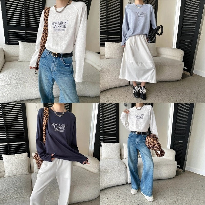 【トップス】リラックス感 ロゴプリント クルーネック 長袖Tシャツ 【JZシリーズ】