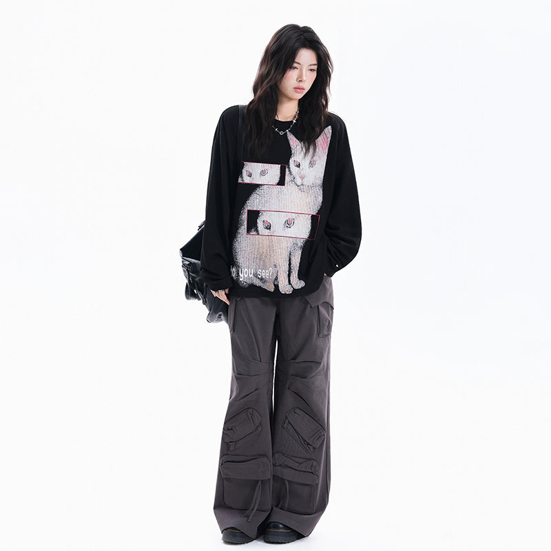 【トップス】猫柄 レディース クルーネック ストリート風 オーバーサイズ 長袖Tシャツ【FCシリーズ】