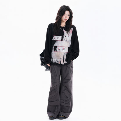 【トップス】猫柄 レディース クルーネック ストリート風 オーバーサイズ 長袖Tシャツ【FCシリーズ】