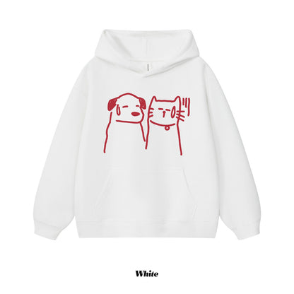 8カラー | S~3XL【トップス】猫犬イラスト 手描き風アメリカンプリント ヘビーウェイト フードパーカー ユニセックス ペアOK【FCシリーズ】