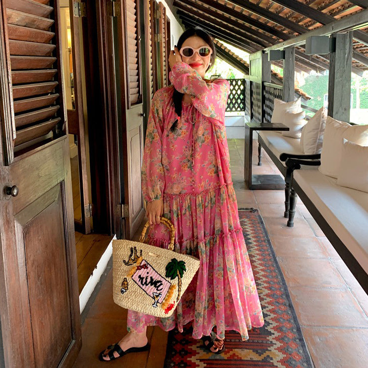 【ワンピース】今年流行の美しいワンピース ゆったりシフォン長袖 ワンピース【SHシリーズ】