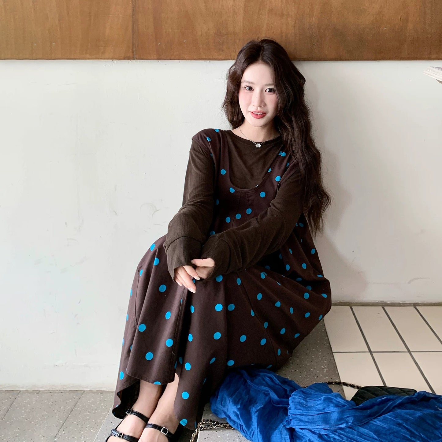 2点セット！【セットアップ】レトロドット柄ワンピース＆インナー2点セット レディース ゆったり リラックス ロング丈 秋コーデ【SHシリーズ】