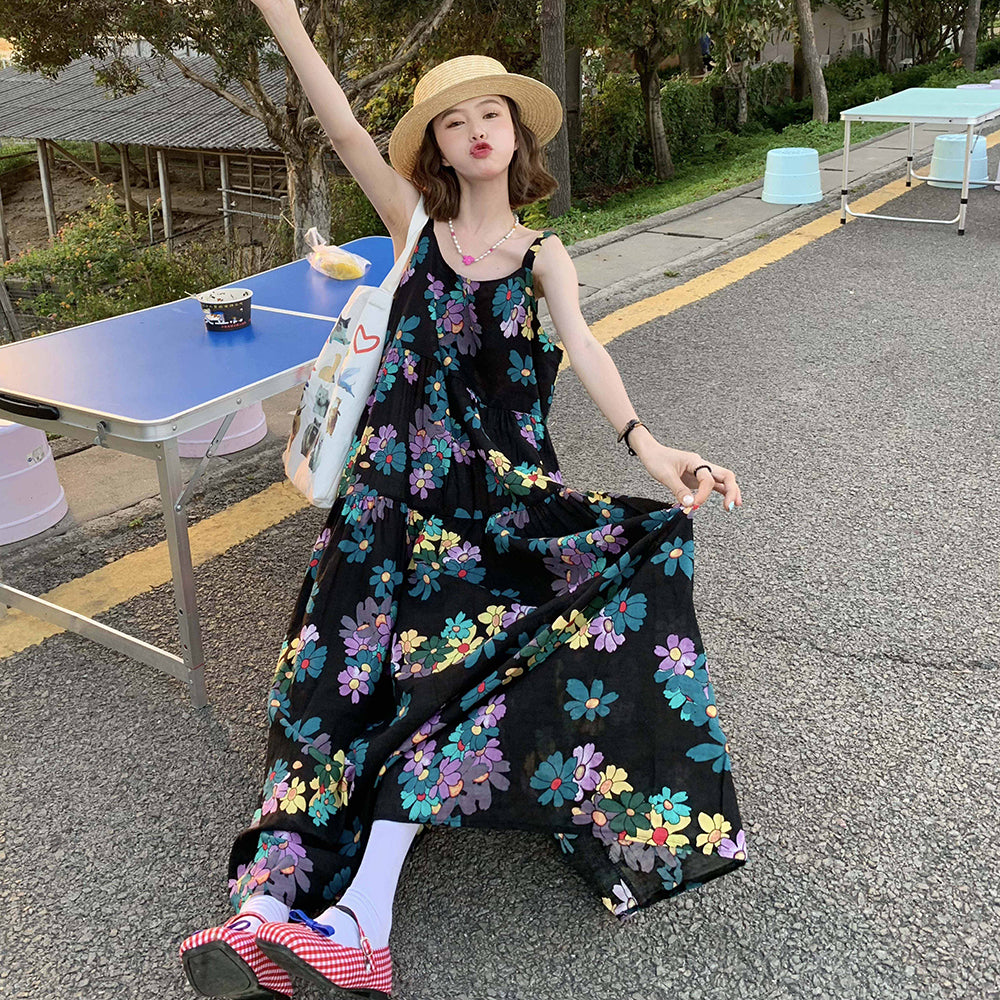 【ワンピース】夏新作 ヴィンテージ風 ゆるシルエット スリム効果ノースリーブキャミワンピース 【SHシリーズ】