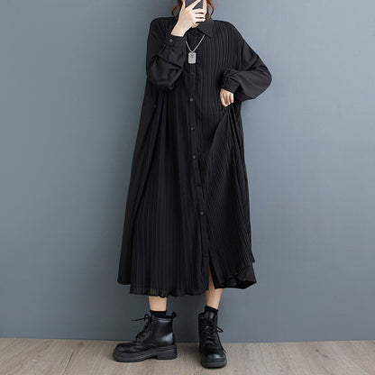 【ワンピース】秋新作 ダーク系 プリーツ切り替え シャツワンピース レディース 長袖 ゆったり 細見え ロング丈【JZシリーズ】