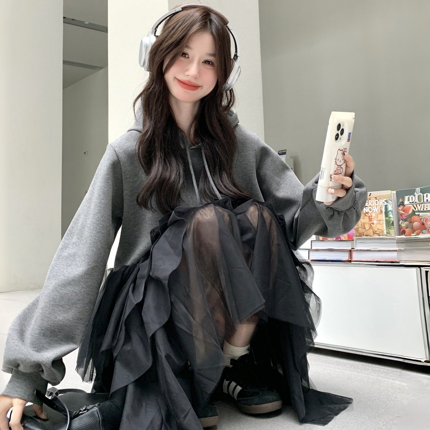 【ワンピース】春 秋 冬 デザイン性 新作 フード付き カジュアル 着痩せ 長袖ワンピース【JZシリーズ】