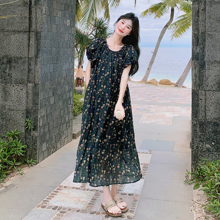 【ワンピース】ビーチリゾート風 リラックス感 花柄 半袖ワンピース レディース  個性的で美しいロングドレス【SHシリーズ】