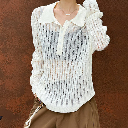 【トップス】秋先取り 大人可愛い透かし編みニットTシャツ 薄手 ゆったり【JZシリーズ】