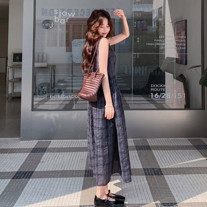 【ワンピース】韓国風 チェック柄 レディース 夏 ノースリーブ ロングワンピース 細見え 大人可愛い【JZシリーズ】