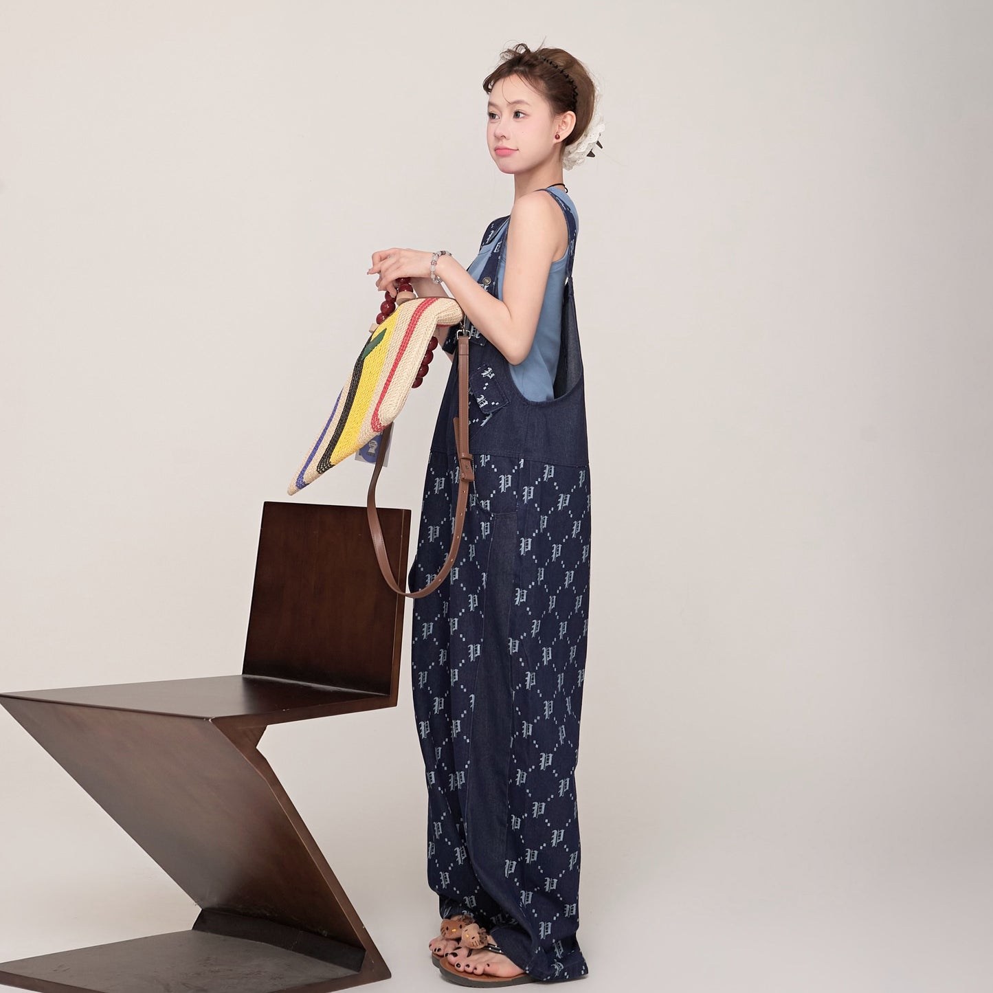 【ボトムス】モード系 デニムサロペット レディース Vネック ワイドパンツ オールインワン 個性的【JZシリーズ】
