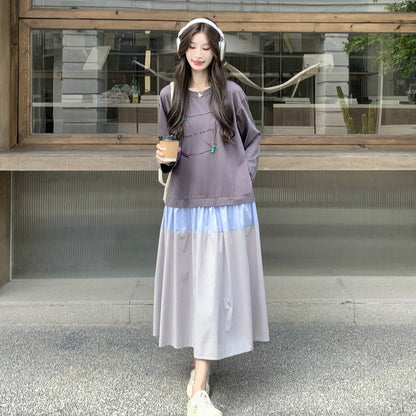 【ワンピース】配色切替フェイクレイヤード長袖ワンピース レディース 秋新作 韓国風シンプルデザイン ゆったりロングワンピース【JZシリーズ】