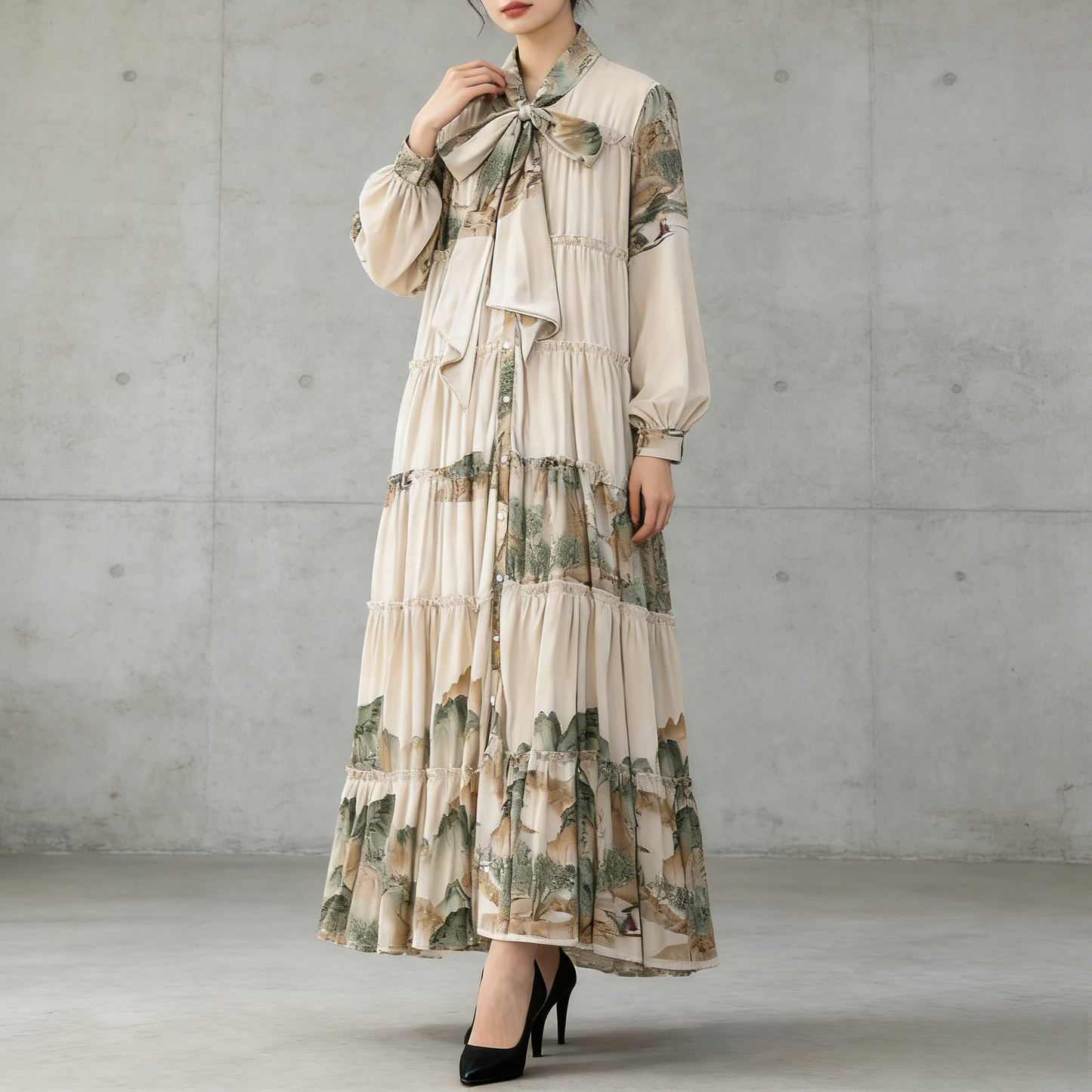 【ワンピース】プリントVネック お腹周りカバー フリル 長袖 ワンピース 【SHシリーズ】