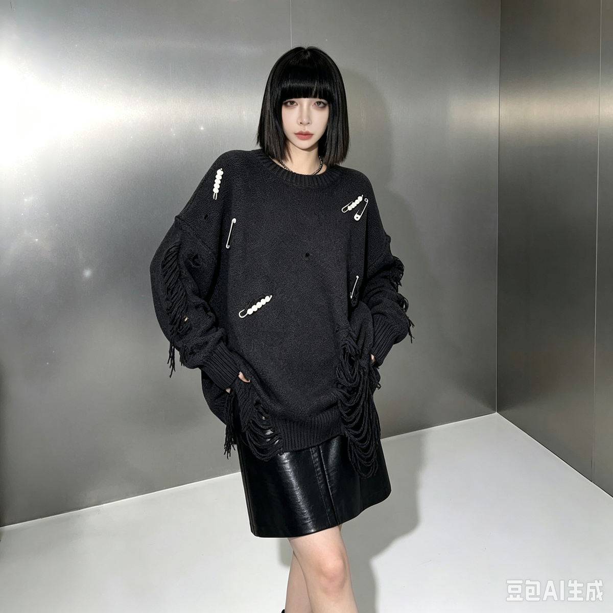 【トップス】パールピン付きダメージニット レディース 秋冬新作 フリンジ ゆったり ドロップショルダー モード セーター【JZシリーズ】