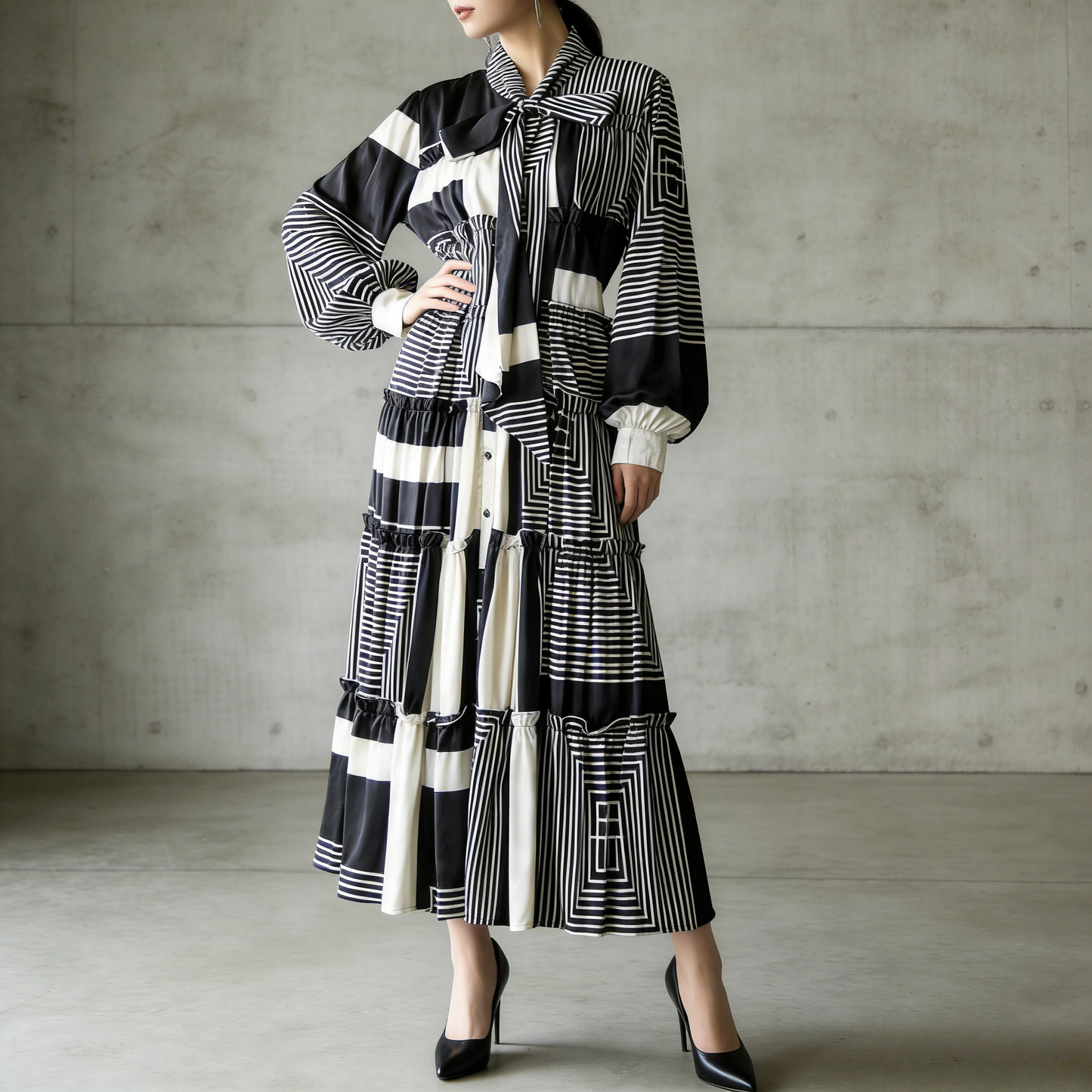 【ワンピース】シングルボタン プリント レディライク フレア 長袖 ワンピース 【SHシリーズ】