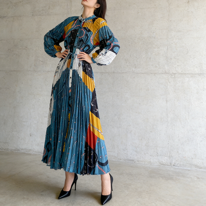 【ワンピース】ラウンドネック サテン プリント プリーツ 長袖 ワンピース 【SHシリーズ】