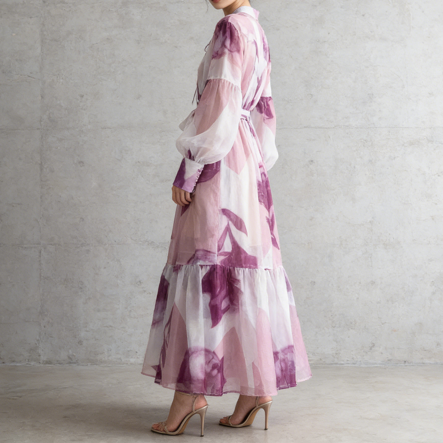 【ワンピース】5カラー フレンチレトロ 花柄ワンピース 長袖 ウエストマーク ゆったり着痩せ ロング丈 上品エレガント 万能ワンピ【SHシリーズ】