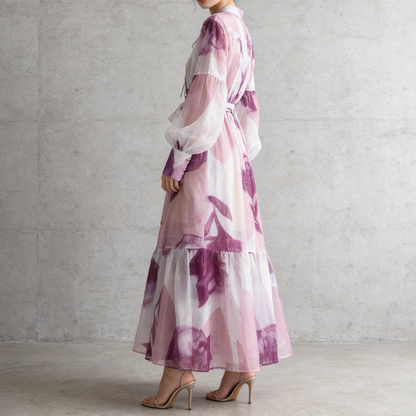 【ワンピース】5カラー フレンチレトロ 花柄ワンピース 長袖 ウエストマーク ゆったり着痩せ ロング丈 上品エレガント 万能ワンピ【SHシリーズ】