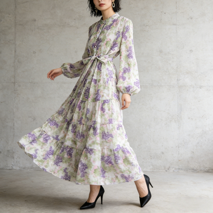 【ワンピース】シフォン フェミニン ウエスト切り替え 長袖 ワンピース【SHシリーズ】