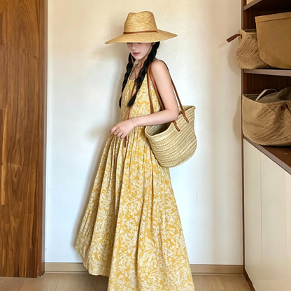 【ワンピース】リゾート風 花柄 ノースリーブ ワンピース レディース 夏 ウエストマーク 着痩せ Uネック ロングワンピース【SHシリーズ】