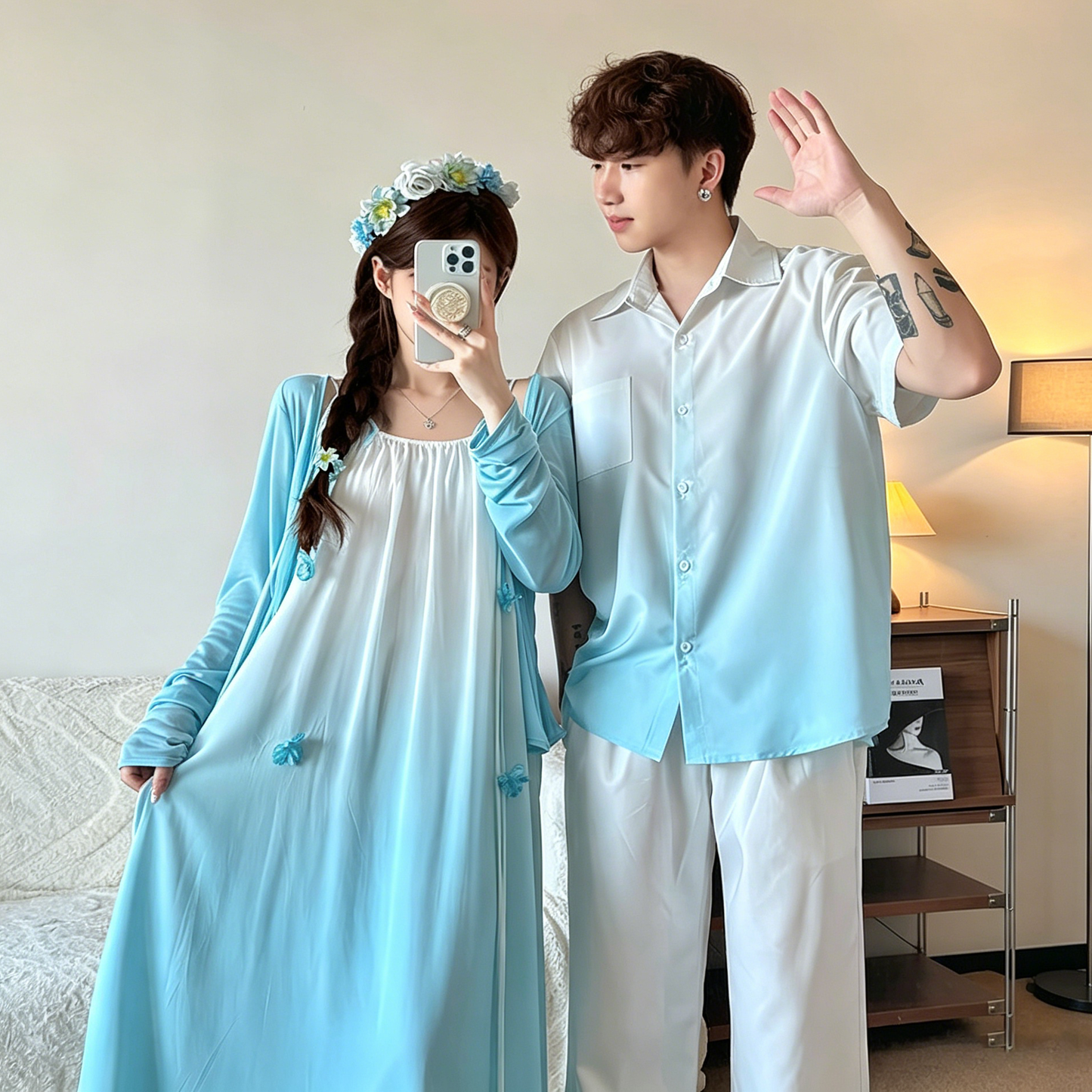 💕カップルコーデ【ワンピース】 海辺風 2026夏 キャミワンピース レディース フレンチ ノースリーブワンピース＆シャツ INS風 ペアルック【SHシリーズ】