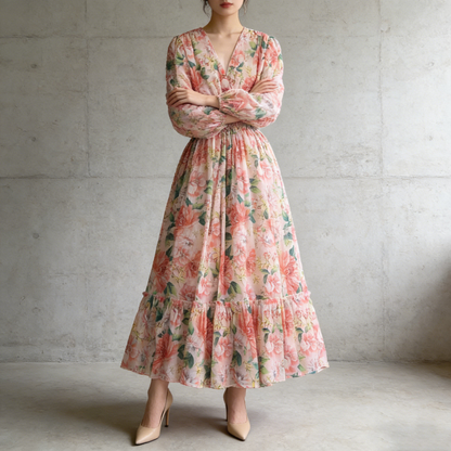 【ワンピース】フレンチレトロ Vネック 花柄 バルーン袖 ウエストシェイプ フレア ロングワンピース【SHシリーズ】