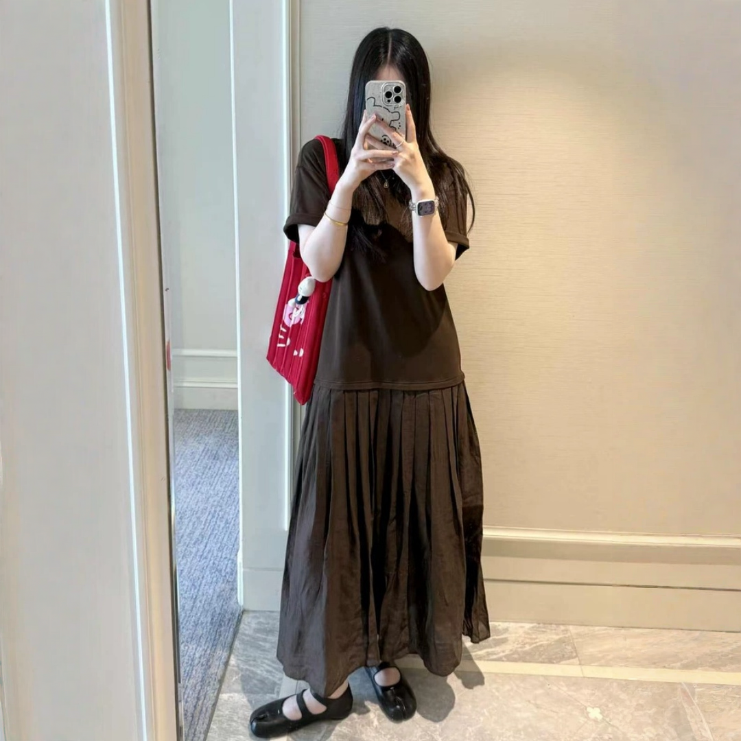 【ワンピース】デザイン感 半袖 レイヤード風 Tシャツロングワンピース 【JZシリーズ】