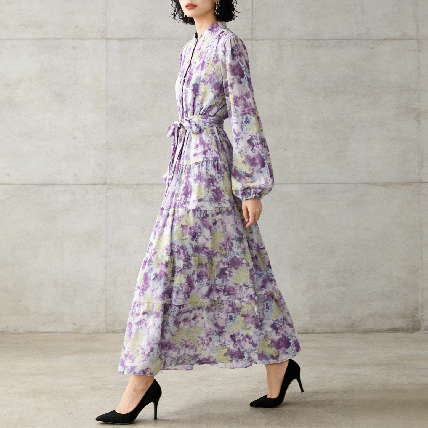 【ワンピース】シフォン フェミニン ウエスト切り替え 長袖 ワンピース【SHシリーズ】