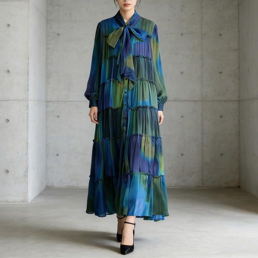 【ワンピース】プリントVネック お腹周りカバー フリル 長袖 ワンピース 【SHシリーズ】