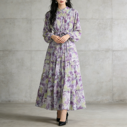 【ワンピース】シフォン フェミニン ウエスト切り替え 長袖 ワンピース【SHシリーズ】