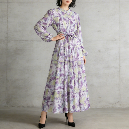 【ワンピース】シフォン フェミニン ウエスト切り替え 長袖 ワンピース【SHシリーズ】