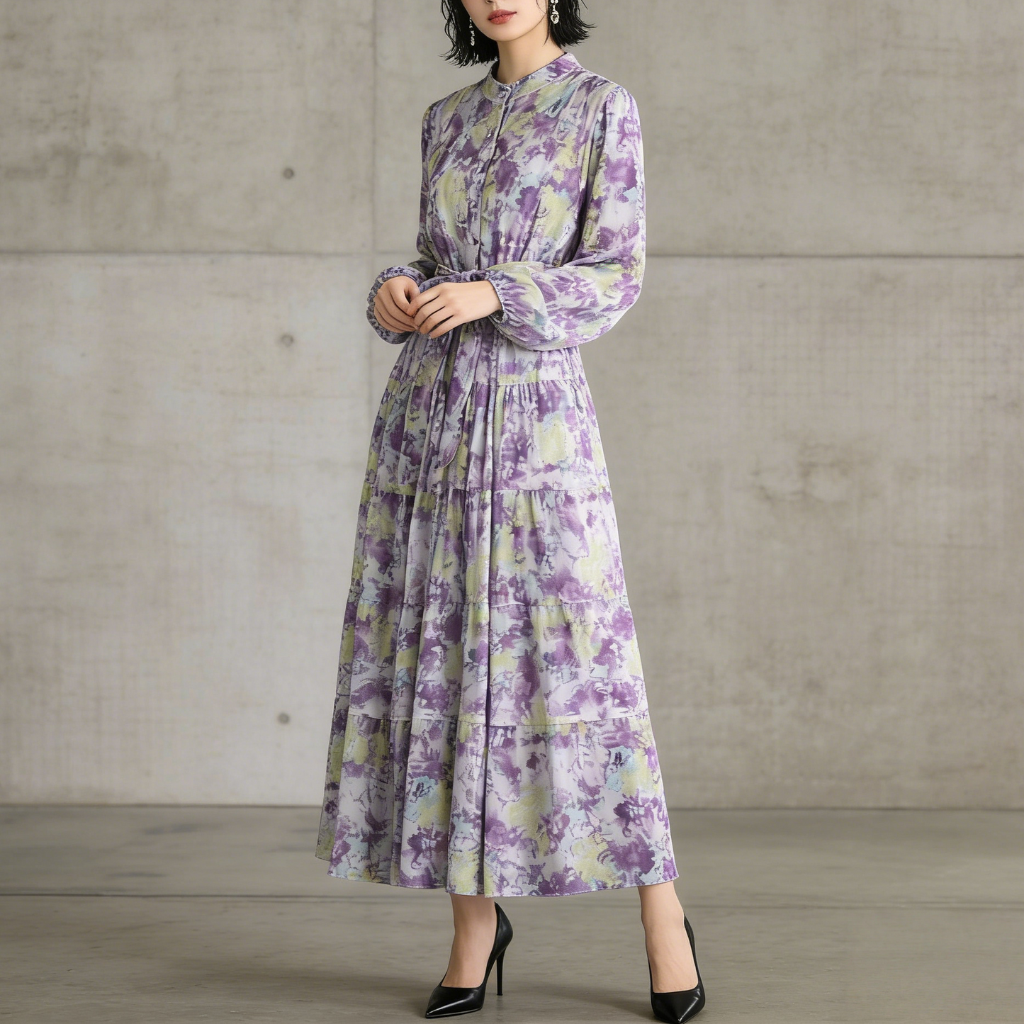 【ワンピース】シフォン フェミニン ウエスト切り替え 長袖 ワンピース【SHシリーズ】