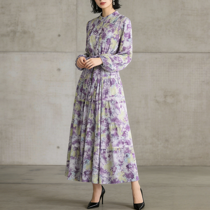 【ワンピース】シフォン フェミニン ウエスト切り替え 長袖 ワンピース【SHシリーズ】