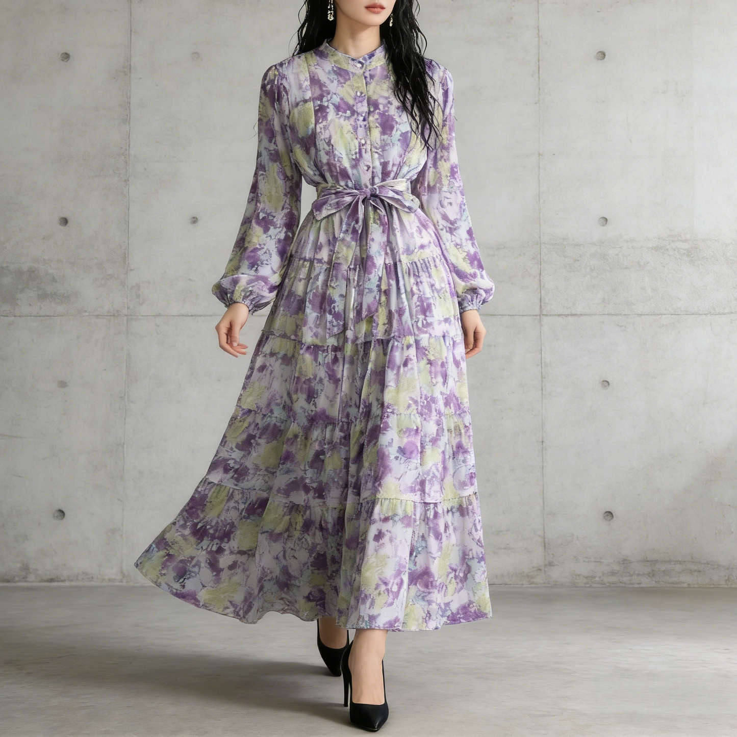 【ワンピース】シフォン フェミニン ウエスト切り替え 長袖 ワンピース【SHシリーズ】