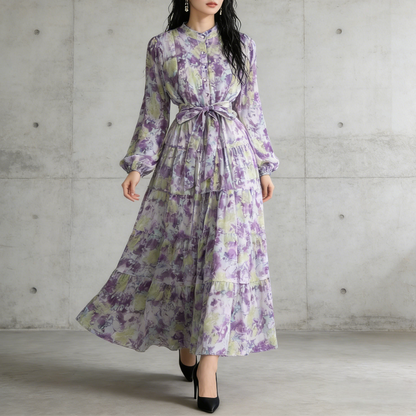 【ワンピース】シフォン フェミニン ウエスト切り替え 長袖 ワンピース【SHシリーズ】