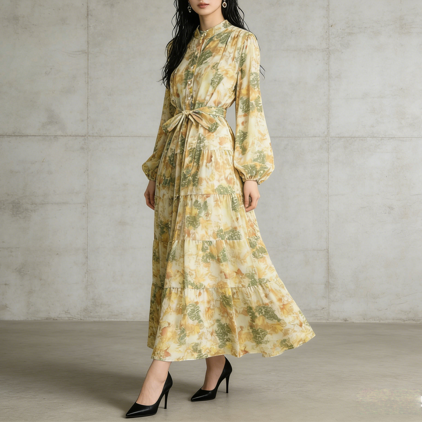 【ワンピース】シフォン フェミニン ウエスト切り替え 長袖 ワンピース【SHシリーズ】