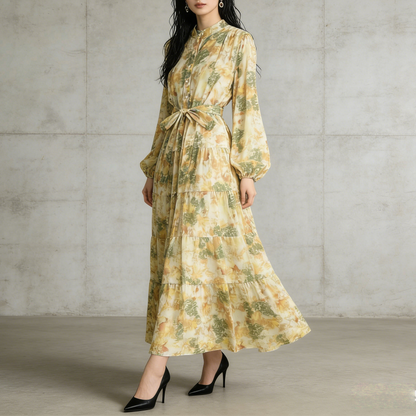 【ワンピース】シフォン フェミニン ウエスト切り替え 長袖 ワンピース【SHシリーズ】