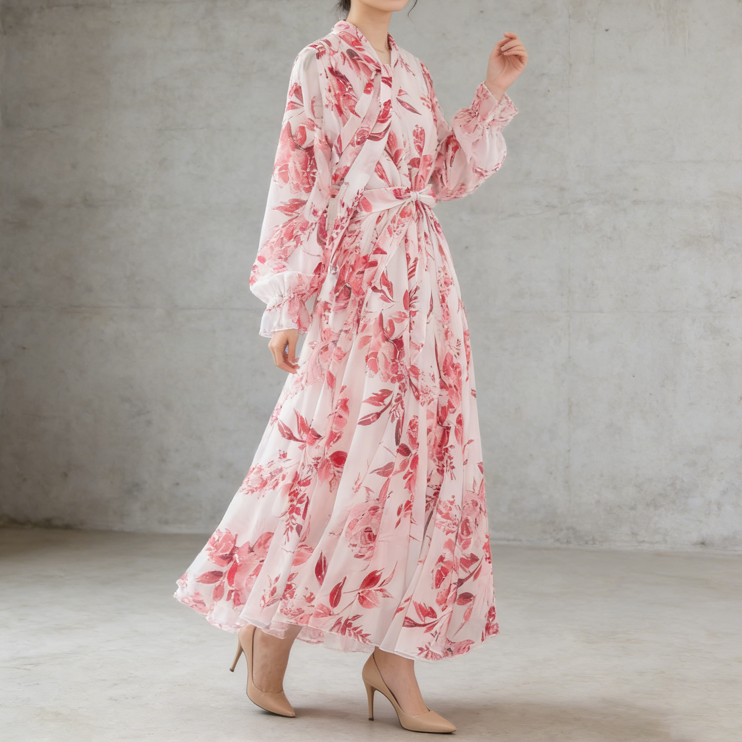 【ワンピース】フレンチエレガンス 気質 レディース シフォン 長袖ワンピース 蝶結びネック フレア 大人可愛い【SHシリーズ】