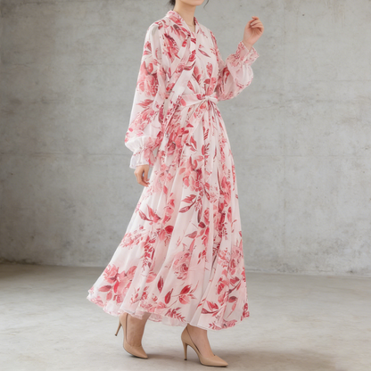 【ワンピース】フレンチエレガンス 気質 レディース シフォン 長袖ワンピース 蝶結びネック フレア 大人可愛い【SHシリーズ】