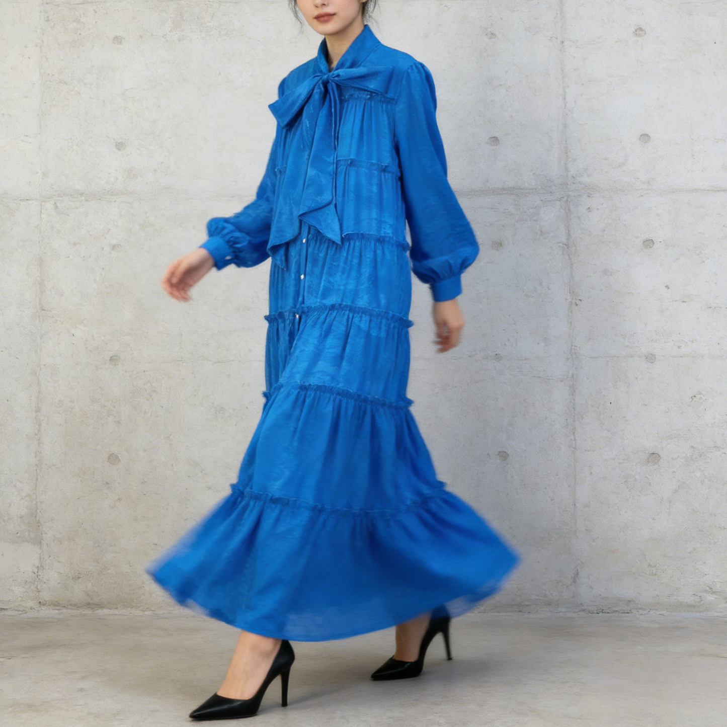 【ワンピース】プリントVネック お腹周りカバー フリル 長袖 ワンピース 【SHシリーズ】