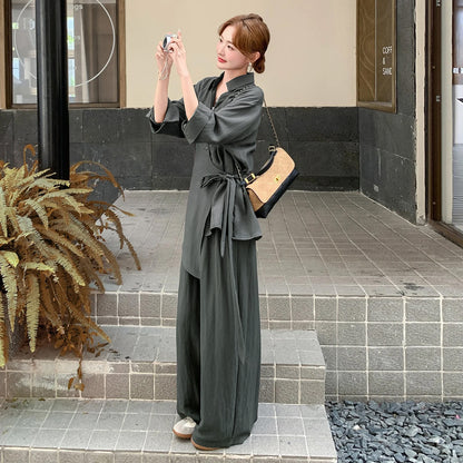2点セット！【セットアップ】オールドマネー風 高級感 リボンタイシャツ＋ワイドパンツ 上下セット レディース 細見え【JZシリーズ】