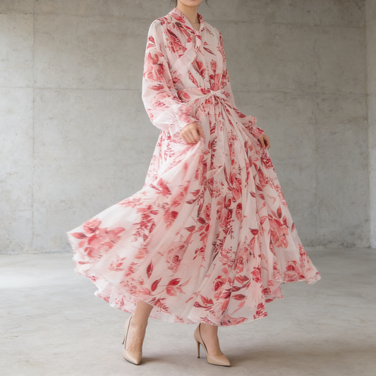 【ワンピース】フレンチエレガンス 気質 レディース シフォン 長袖ワンピース 蝶結びネック フレア 大人可愛い【SHシリーズ】