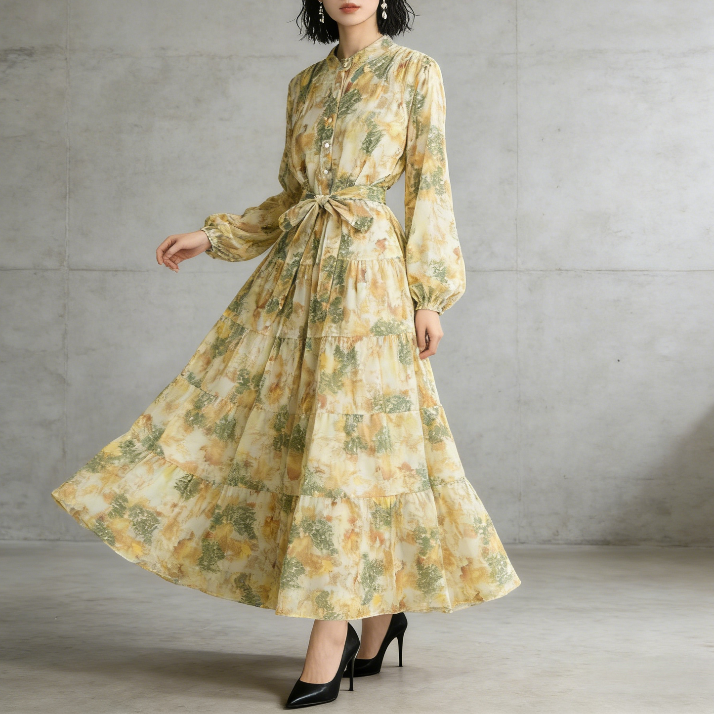 【ワンピース】シフォン フェミニン ウエスト切り替え 長袖 ワンピース【SHシリーズ】