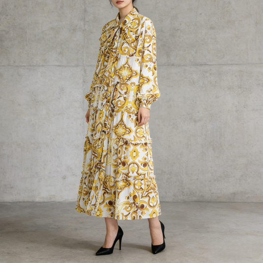 【ワンピース】プリントVネック お腹周りカバー フリル 長袖 ワンピース 【SHシリーズ】