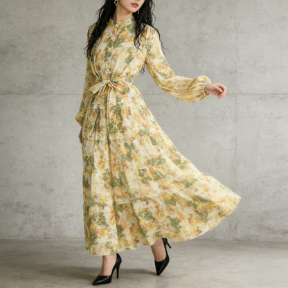 【ワンピース】シフォン フェミニン ウエスト切り替え 長袖 ワンピース【SHシリーズ】