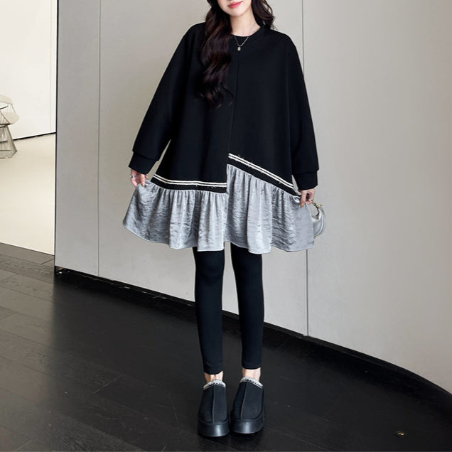 【ワンピース】 春秋冬 スウェット 配色 切り替え ゆったり 着痩せ 長袖ワンピース