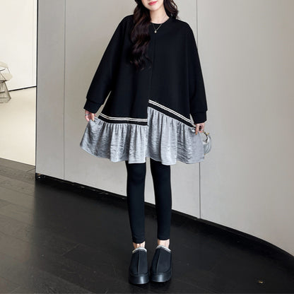 【ワンピース】 春秋冬 スウェット 配色 切り替え ゆったり 着痩せ 長袖ワンピース