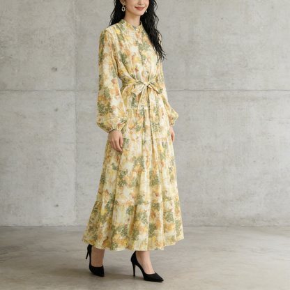 【ワンピース】シフォン フェミニン ウエスト切り替え 長袖 ワンピース【SHシリーズ】